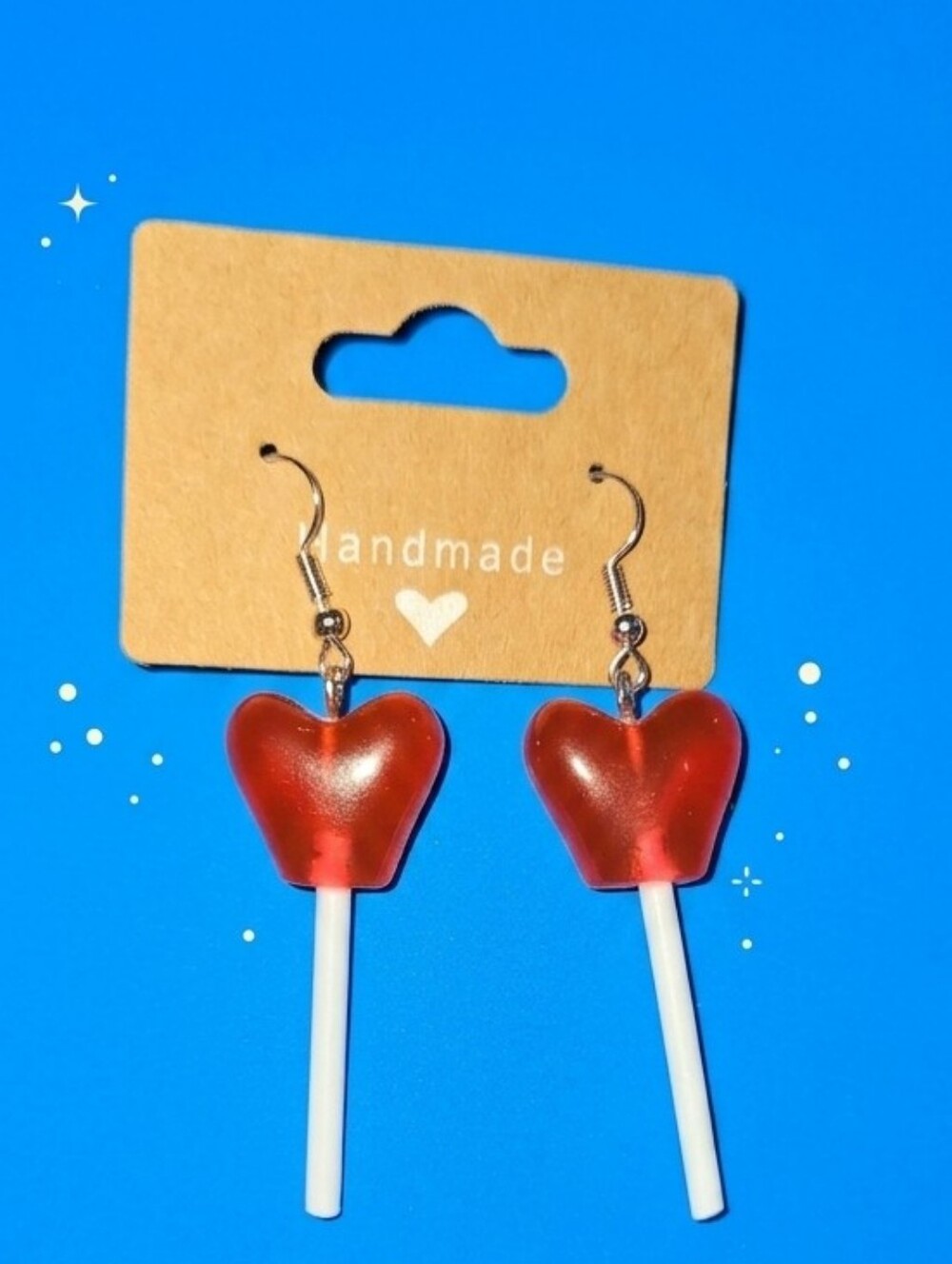 Handmade Red Heart Lollipop Dangle Earrings